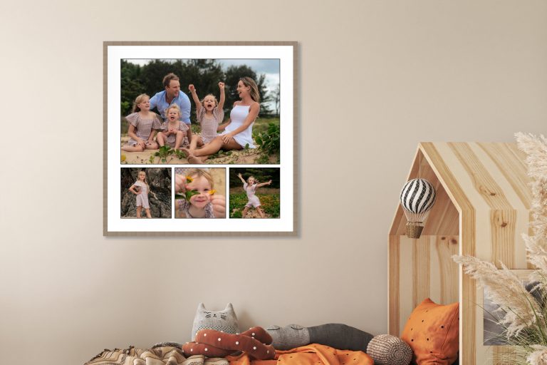 Panoramic boho interior for baby's room Scandinavian style. Wooden bed, large toys on empty beige background. Trendy minimal design. 3d rendering. High quality 3d illustration. 3D Illustration